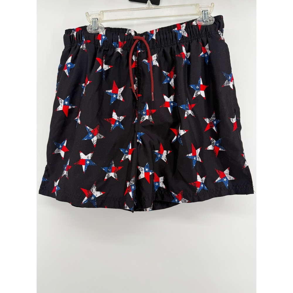 Cascade Sport Mens Swim Trunks Black‎ Red White Stars Elastic Waist Drawstring L